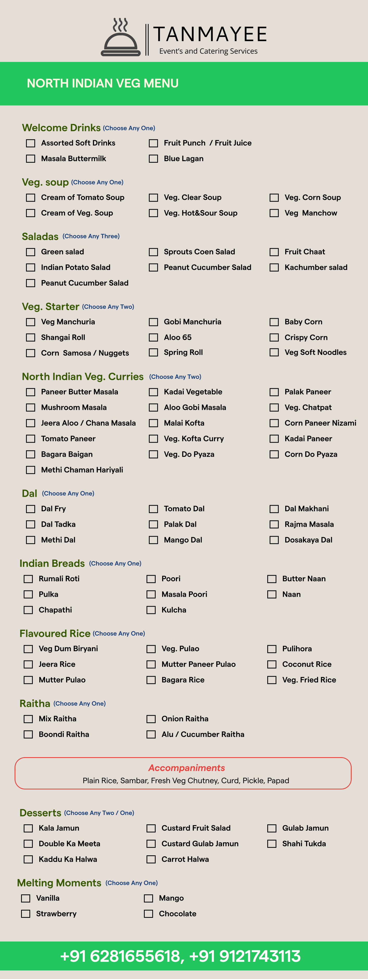 North Indian Veg Menu